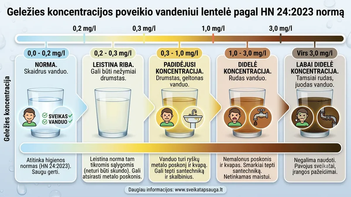 Geležies koncentracijos poveikis vandeniui pagal HN 24:2023 normą