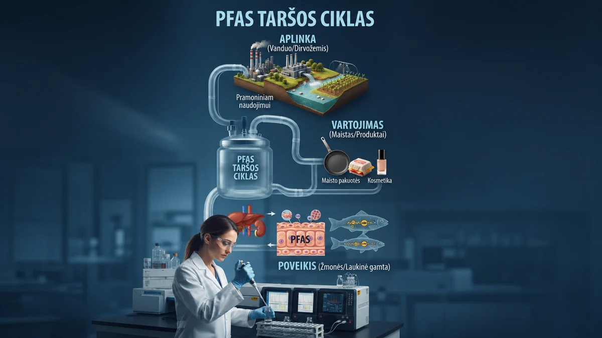 PFAS taršos ciklo infografika ir laboratorinis vandens tyrimas